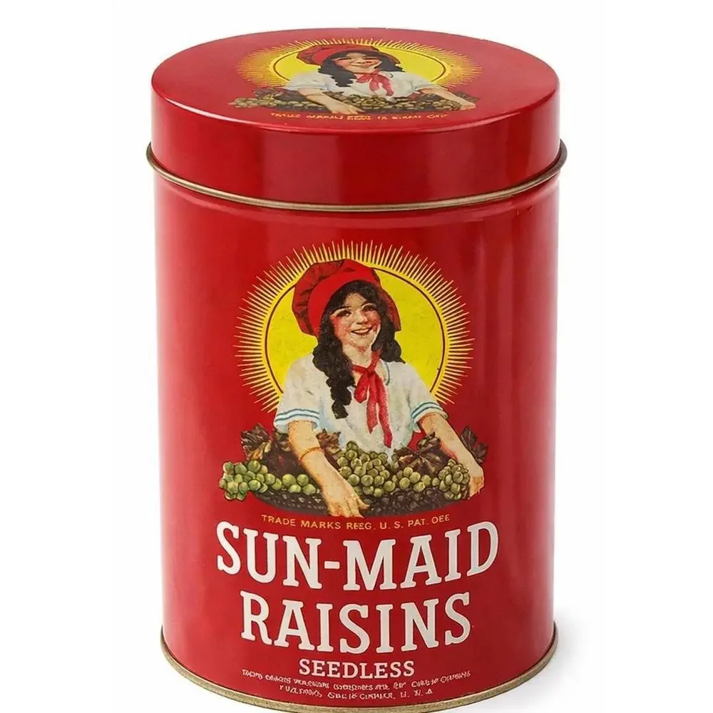 Vintage Sun-Maid Raisins Tin Canister Red Metal Cookie Recipe Fresno CA USA - Picture 1 of 2